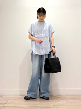 「かぐれ（カグレ）のリネンWポケットフレンチシャツ（シャツ/ブラウス、ブルー系）」を使った、amiさん（レディース・160cm）の春コーディネート