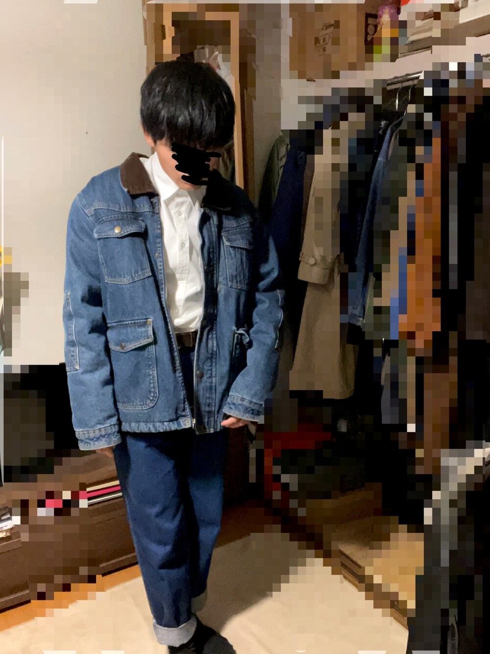 「カジュアルコーデ、デニムパンツ、デニム、ブルー、古着MIX、ジャケット、ビッグシルエット」｜「Leeのアイテム（デニムパンツ、ブルー系）」を使った、ヒルネムさん（メンズ・172cm）の春コーディネートの1枚目の写真