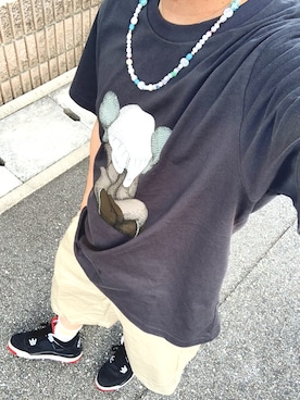 「UNIQLO（ユニクロ）のアイテム（Tシャツ/カットソー、ブラック系）」を使った、ひのしんさん（メンズ・161cm）の夏コーディネート