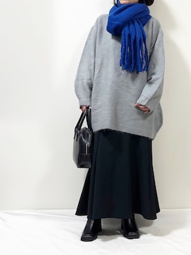「me+em select（ミームセレクト）の【３０色展開 】ふわふわフリンジボリュームマフラー（マフラー）」を使った、ME...さん（レディース・156cm）の冬コーディネート