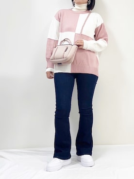 「タートルネック」｜「アイテム（デニムパンツ）」を使った、ME...さん（レディース・156cm）の冬コーディネート