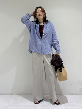 「INDIVI（インディヴィ）の【接触冷感／2WAY】カシュクールリネンシャツ（シャツ/ブラウス、ブルー系）」を使った、kotakiさん（レディース・158cm）の春コーディネート