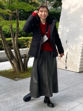 「レザースカート」｜「アイテム（ダウンジャケット/コート）」を使った、kotakiさん（レディース・158cm）の冬コーディネート