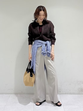 「INDIVI（インディヴィ）の【洗える／コットン】メッシュジップニットカーディガン（カーディガン/ボレロ、ブラウン系）」を使った、kotakiさん（レディース・158cm）の春コーディネート