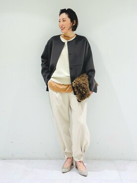 「ラメニット」｜「アイテム（ノーカラーコート）」を使った、kotakiさん（レディース・158cm）の冬コーディネート