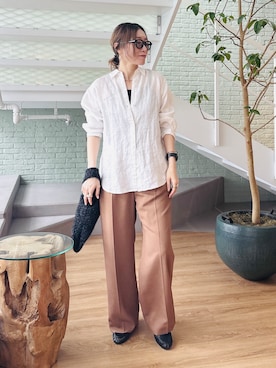 「INDIVI（インディヴィ）の【接触冷感／2WAY】カシュクールリネンシャツ（シャツ/ブラウス、ホワイト系）」を使った、kotakiさん（レディース・158cm）の夏コーディネート
