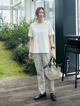 「INDIVI（インディヴィ）の【バックシャン】異素材ドッキングプルオーバー（Tシャツ/カットソー、ホワイト系）」を使った、kotakiさん（レディース・158cm）の夏コーディネート