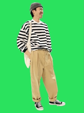 「アイテム（チノパンツ）」を使った、men'sFUDGEofficialさん（メンズ・173cm）の春コーディネート