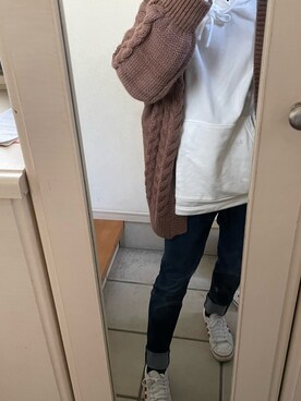 「アイテム（カーディガン/ボレロ、ブラウン系）」を使った、プティ♔さん（メンズ・165cm）の秋コーディネート