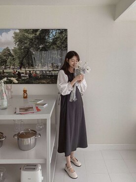 「韓国コーデ」｜「アイテム（ジャンパースカート）」を使った、POPCORNさん（レディース・155cm）の冬コーディネート