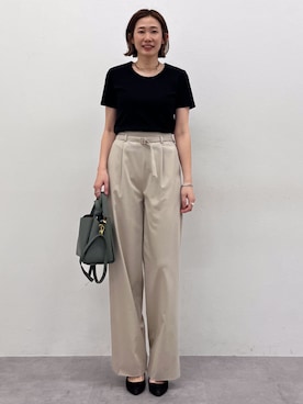 「nissen（ニッセン）の高身長【読者モデルと一緒に作りました】ベーシック綿混コンパクトカットソーTシャツ（トールサイズ）（Tシャツ/カットソー、ブラック系）」を使った、tallmodel(読者モデル) さん（レディース・173cm）の夏コーディネート