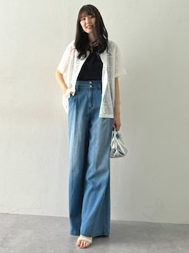 「nissen（ニッセン）の高身長　ハイウエストタックデニムワイドパンツ　丈長め・トールサイズ　Essenave（パンツ、ブルー系）」を使った、tallmodel(読者モデル) さん（レディース・173cm）の夏コーディネート