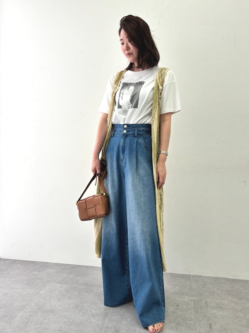 【美品】im product プリーツノースリーブジレ 総柄 日本製/ブルー 高身長 麻タッチフリンジニットノースリーブジレ(トールサイズ