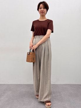 「nissen（ニッセン）の高身長【読者モデルと一緒に作りました】ベーシック綿混コンパクトカットソーTシャツ（トールサイズ）（Tシャツ/カットソー、ブラウン系）」を使った、tallmodel(読者モデル) さん（レディース・173cm）の夏コーディネート