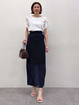 「nissen（ニッセン）の高身長　フリルデザインTシャツ（ＵＶカット・接触冷感）（トールサイズ）Essenave（Tシャツ/カットソー、ホワイト系）」を使った、tallmodel(読者モデル) さん（レディース・173cm）の夏コーディネート