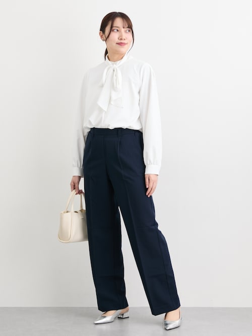 セール】高身長 透にくいストレッチ2WAYボウタイブラウス
