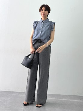 「slattgir（スラットジール）の高身長　デニムワイドストレートパンツ（トールサイズ）Essenave（デニムパンツ、ブラック系）」を使った、tallmodel(読者モデル) さん（レディース・173cm）の夏コーディネート