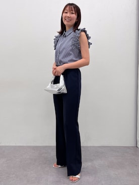 「slattgir（スラットジール）の高身長　ストレッチきれい見えブーツカットパンツ　丈長め・トールサイズ（その他パンツ、ブルー系）」を使った、tallmodel(読者モデル) さん（レディース・173cm）の夏コーディネート