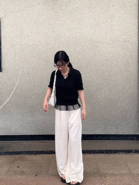 「GU（ジーユー）のアイテム（ポロシャツ、ブラック系）」を使った、Chiiさん（レディース・155cm）の夏コーディネート
