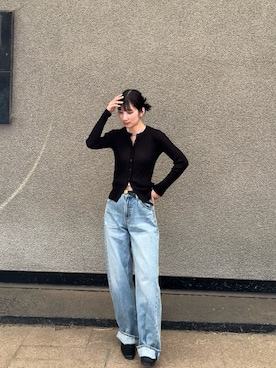 「GU（ジーユー）のアイテム（ニット/セーター、ブラック系）」を使った、Chiiさん（レディース・155cm）の春コーディネート