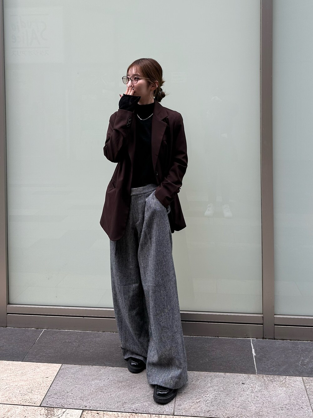 「Reurie'のアイテム（テーラードジャケット、ブラウン系）」を使った、chipipi07さん（レディース・155cm）の冬コーディネートの1枚目の写真
