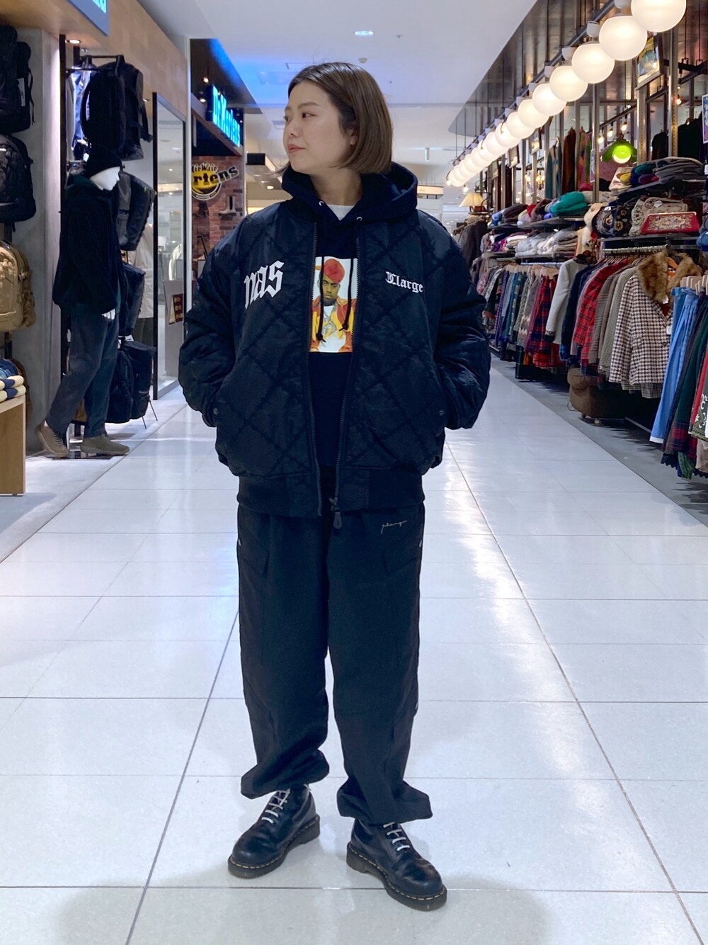 「キルティング、XLARGE、いいね、save、フォローお願いします🤑、ストリート、低身長、低身長コーデ、低身長女子、Nas」｜「XLARGEのXLARGE x NAS BOMBER JACKET（ブルゾン、ブラック系）」を使った、沼田亜樹さん（レディース・156cm）の冬コーディネートの1枚目の写真