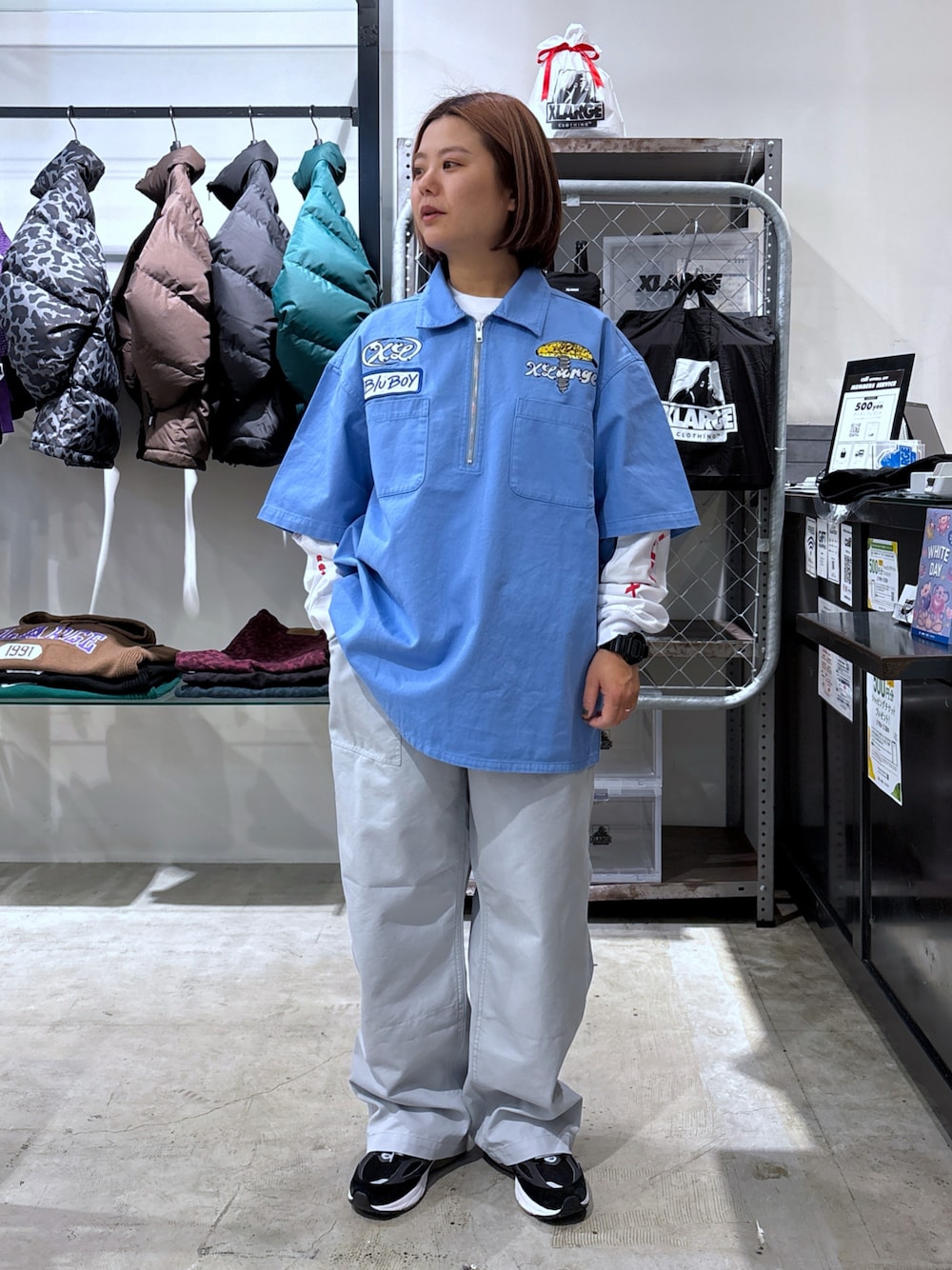 「今日のコーデ、シャツスタイル、春服コーデ、オトナカジュアル、いいね、save、フォローお願いします🤑、おでかけコーデ、XLARGE、ストリート、低身長、低身長コーデ、低身長女子」｜「XLARGEのXLARGE×Blu Boy HALF ZIP S/S WORK SHIRT（シャツ/ブラウス、ブルー系）」を使った、沼田亜樹さん（レディース・156cm）の春コーディネートの1枚目の写真