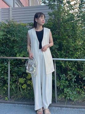 「MICO COULIER（ミコクリエ）のイージーケアリネンベスト（ノーカラージャケット）」を使った、ishikawa.mさん（レディース・164cm）の夏コーディネート