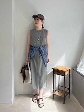 「MICO COULIER（ミコクリエ）の麻調×リブ切替ワンピース（ワンピース、グリーン系）」を使った、ishikawa.mさん（レディース・164cm）の春コーディネート