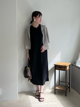 「MICO COULIER（ミコクリエ）の麻調×リブ切替ワンピース（ワンピース、ブラック系）」を使った、ishikawa.mさん（レディース・164cm）の春コーディネート