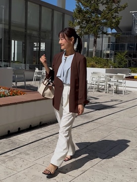 「MICO COULIER（ミコクリエ）の《セットアップ対応》【UVカット・接触冷感】ライトツイルノーカラージャケット（ノーカラージャケット、ブラウン系）」を使った、daimonさん（レディース・154cm）の春コーディネート