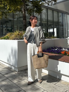 「MICO COULIER（ミコクリエ）の麻調ノーカラーホイップスリーブブルゾン（ブルゾン、グリーン系）」を使った、daimonさん（レディース・154cm）の春コーディネート