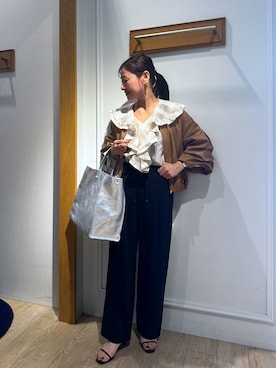 「MICO COULIER（ミコクリエ）の麻調ノーカラーホイップスリーブブルゾン（ブルゾン、イエロー系）」を使った、daimonさん（レディース・154cm）の春コーディネート