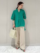 美品☆マカフィー リネンラミーピースダイ ギャザーノースリーブブラウス グリーン MACPHEE（マカフィー）の「リネンラミーピースダイ チュニックシャツ