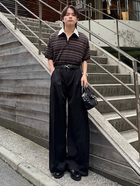 「HARE（ハレ）の3ディメンションワイドパンツ(HARE)（スラックス、ブラック系）」を使った、ゆーたさん（メンズ・165cm）の夏コーディネート