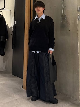 「HARE（ハレ）のメタルボタンヘンリーネックモールニット(HARE)（ニット/セーター、ブラック系）」を使った、ゆーたさん（メンズ・165cm）の秋コーディネート