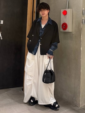 「HARE（ハレ）のMA-1キンチャクBAG(HARE)（ショルダーバッグ、ブラック系）」を使った、ゆーたさん（メンズ・165cm）の夏コーディネート