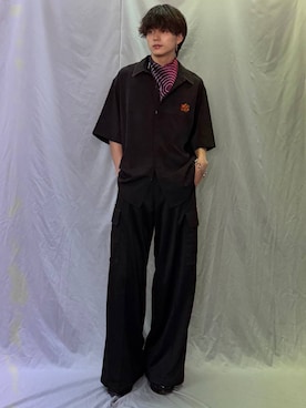 「HARE（ハレ）の【新世紀エヴァンゲリオン×HARE】カーゴラインパンツ(HARE)（カーゴパンツ、ブラック系）」を使った、ゆーたさん（メンズ・165cm）の夏コーディネート