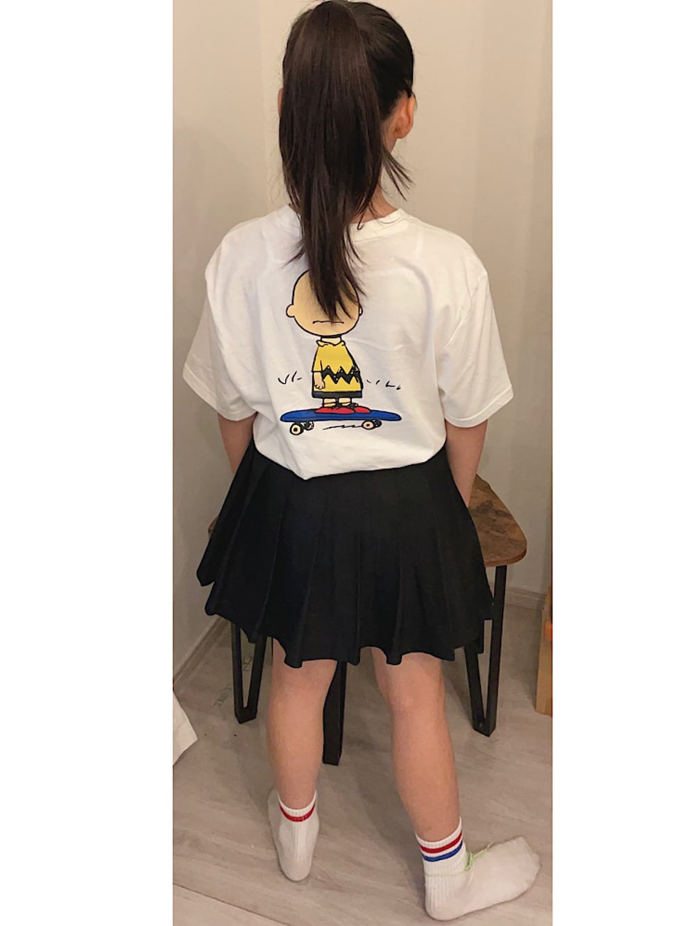 「スケボー、オーバーサイズ、スケボー女子、スケボースタイル、小学生コーデ、js5、小学生女子」｜「ELEMENTのELEMENT × PEANUTS コラボアイテム ビッグシルエット バックプリントTシャツ  BB021-222（Tシャツ/カットソー、ホワイト系）」を使った、☆Rico☆さん（キッズ・140cm）の秋コーディネートの1枚目の写真