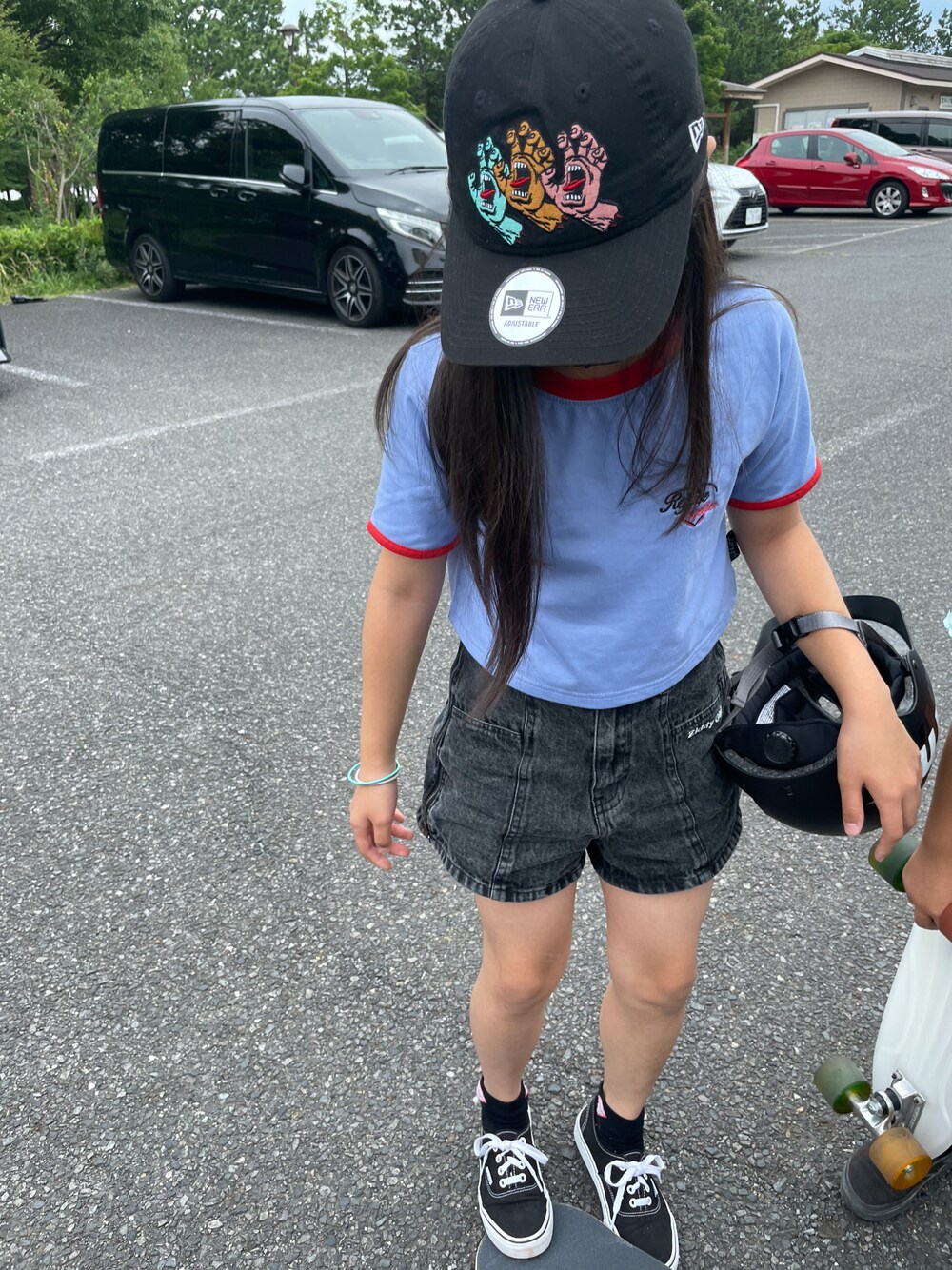 「ZIDDY、ziddyコーデ、ziddygirl、ziddy大好き、スケボー女子、スケボースタイル、スケボーキッズ」｜「ZIDDYのZIDDY/ 【一部店舗限定】オルチャン リンガー Tシャツ(130~160cm)（Tシャツ/カットソー、ブルー系）」を使った、☆Rico☆さん（キッズ・138cm）の夏コーディネートの1枚目の写真