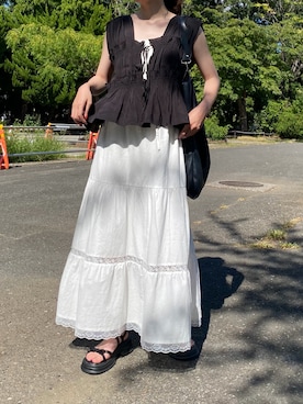 「ehka sopo（エヘカソポ）のレース付きティアードスカート（スカート、ホワイト系）」を使った、ノアさん（レディース・157cm）の秋コーディネート