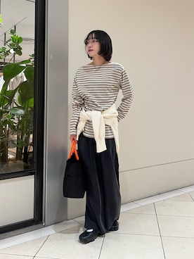 「URBAN RESEARCH（アーバンリサーチ）のマルチボーダー2WAYカットソー（Tシャツ/カットソー、ホワイト系）」を使った、saeさん（レディース・152cm）の春コーディネート