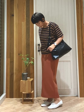 「Samansa Mos2 blue（サマンサモスモスブルー）のアイテム（スカート、オレンジ系）」を使った、タナカさん（レディース・158cm）の夏コーディネート