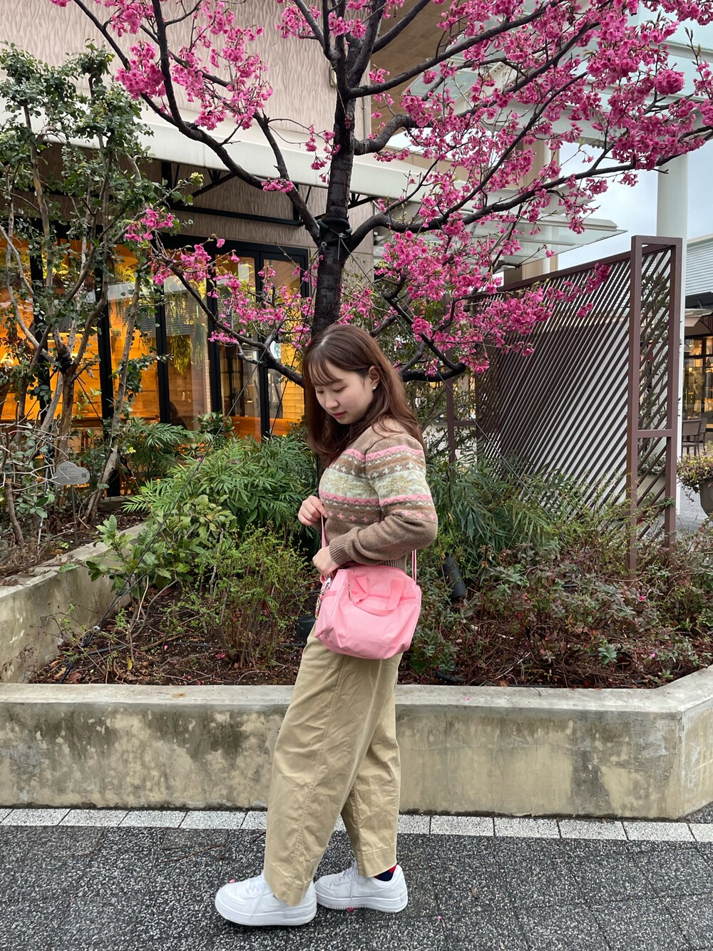 「ニット、淡色コーデ、今日のコスメと服、春色、休日スタイル、オフィスカジュアル、スニーカー、ショルダーバッグ、カラーパンツ、春コーデ、ブチプラ、ブラウン、チノパン、韓国ファッション」｜「GROVE SEOULのアイテム（ニット/セーター、ブラウン系）」を使った、LEOさん（レディース・157cm）の冬コーディネートの1枚目の写真