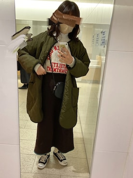 「ブラウンコーデ」｜「アイテム（ノーカラーコート）」を使った、おまめこさん（レディース・157cm）の冬コーディネート