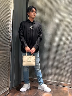 「ARMANI EXCHANGE（アルマーニエクスチェンジ）の【A|X アルマーニ エクスチェンジ】＜オンライン限定＞AXロゴ レースアップスニーカー（スニーカー、ホワイト系）」を使った、KAKERUさん（メンズ・170cm）の夏コーディネート