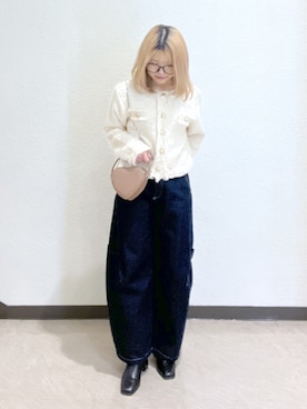 「FREE'S MART（フリーズマート）の◆ツィードニットカーディガン（ニット/セーター、ホワイト系）」を使った、Ayanaさん（レディース・155cm）の冬コーディネート