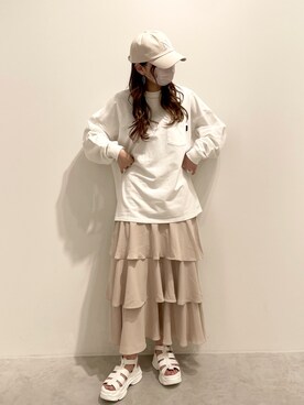 「one after another NICE CLAUP（ワンアフターアナザーナイスクラップ）のスニーカー底グルカサンダル（サンダル）」を使った、mahoさん（レディース・163cm）の春コーディネート