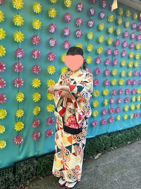 「レンタルのアイテム（着物、オレンジ系）」を使った、hapichoco🌼さん（レディース・154cm）の春コーディネート