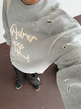 「ADRER（アドラー）のheavy weight damage logo draw code sweat / ヘビーウェイトダメージロゴドローコードスウェット（スウェット、グレー系）」を使った、Naopochi_WEARさん（メンズ・167cm）の夏コーディネート
